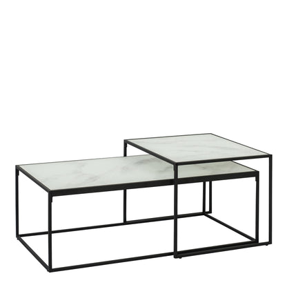 Bolton Coffee Table Set with White Crystal Clear Marble Torino Glass Top & Black Legs