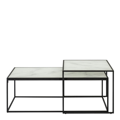 Bolton Coffee Table Set with White Crystal Clear Marble Torino Glass Top & Black Legs