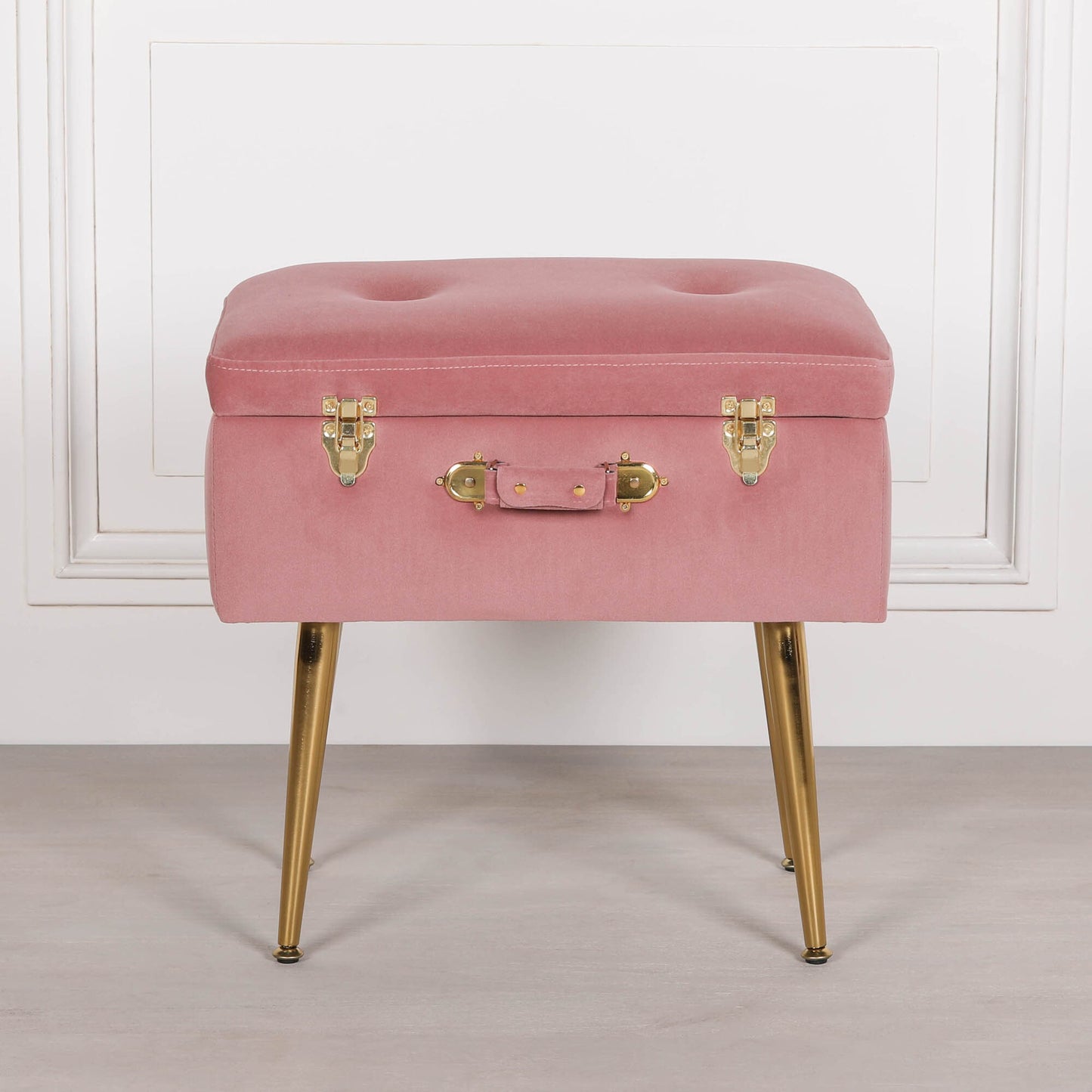 Pink Suitcase Stool with Gold Legs