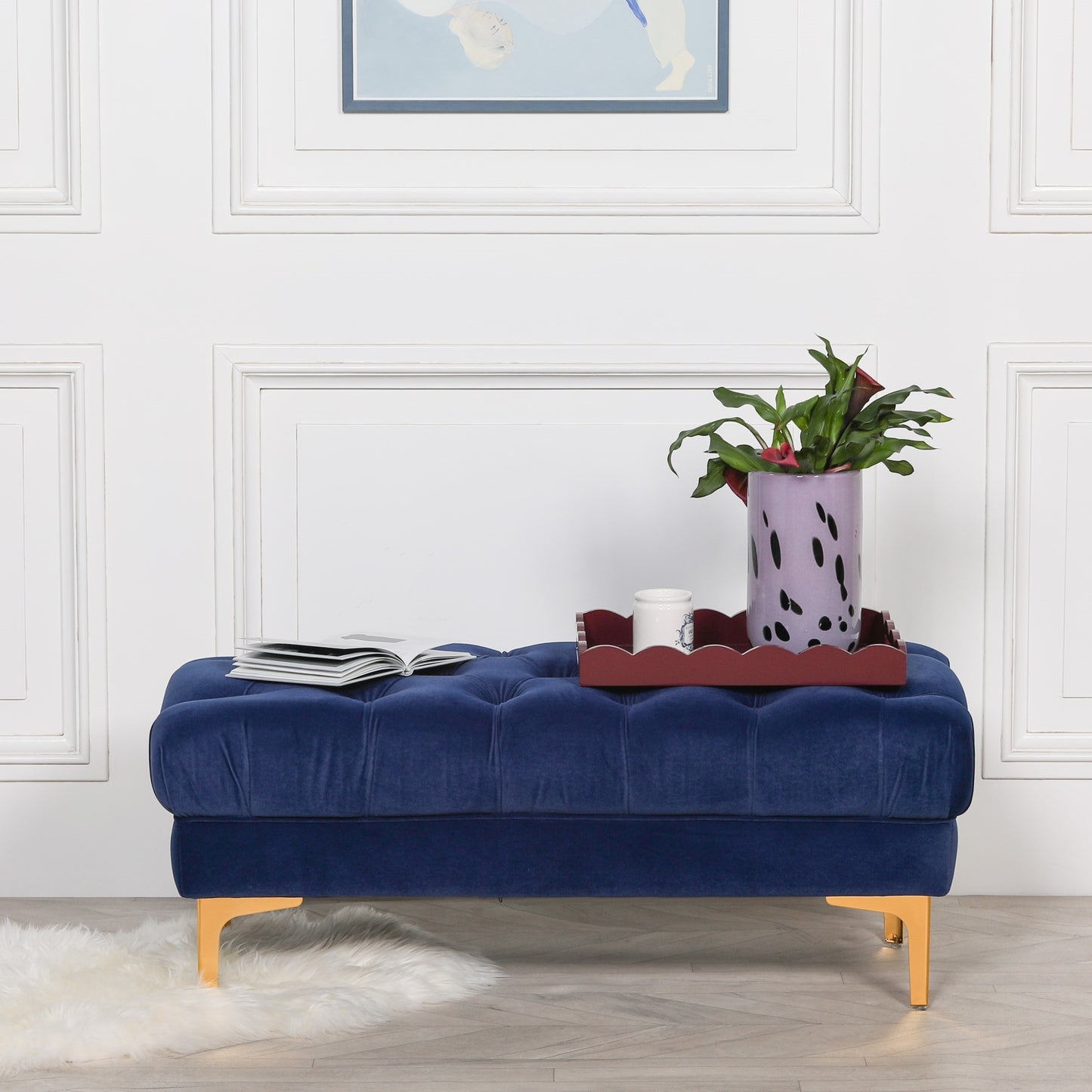 Blue Velvet Buttoned Ottoman Stool