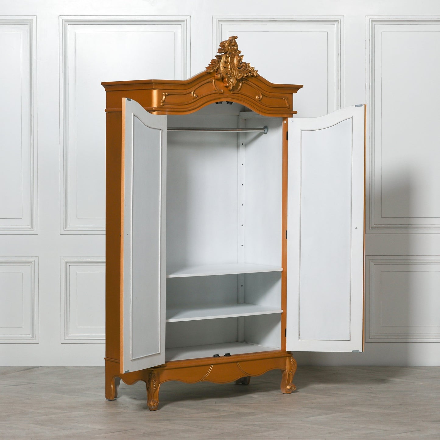 French Style Gold Carved Double Full Mirrored Armoire