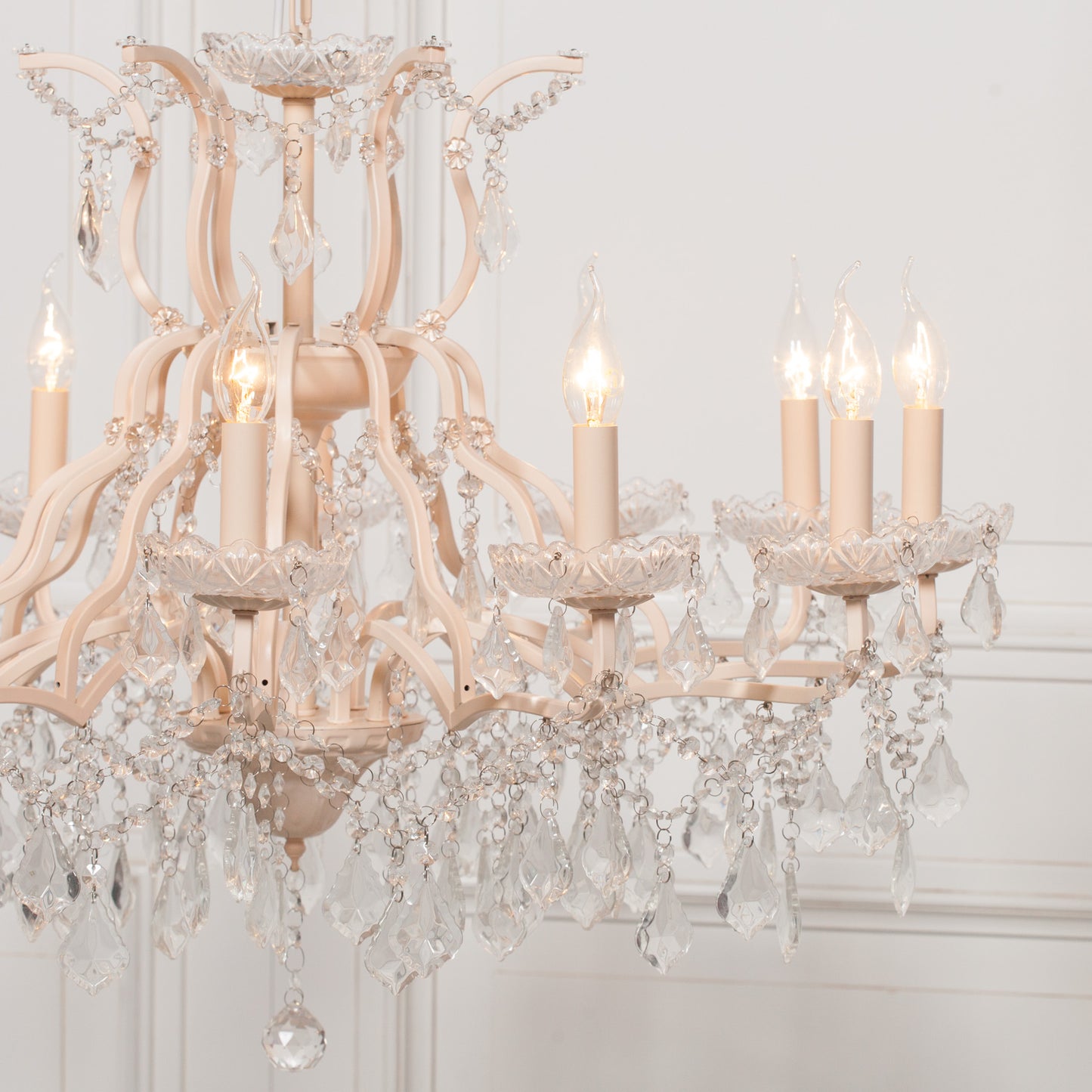 Cream 12 Branch Shallow Cut Glass Chandelier