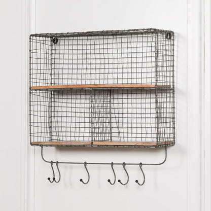 Wire 3 Compartment Wall Shelf with Wood Shelves and Hooks