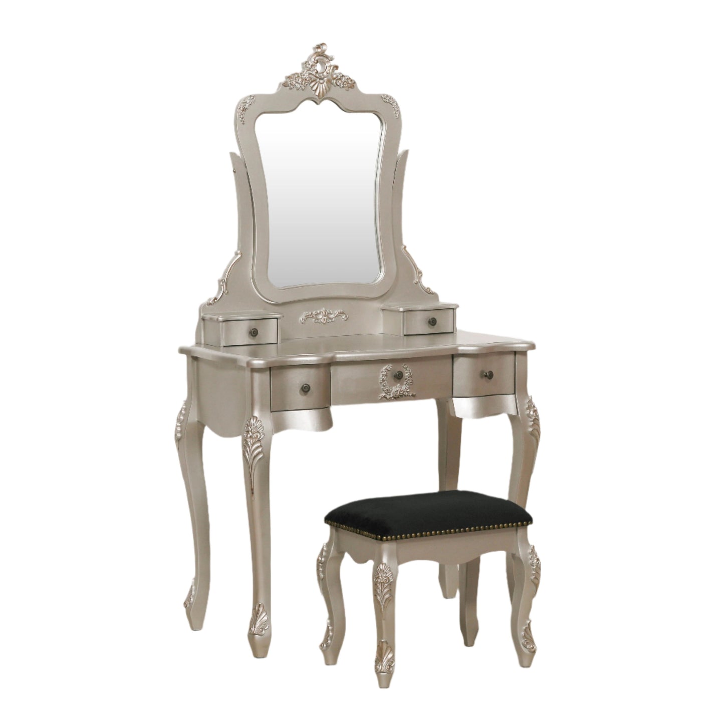 French Antique Silver Dressing Table & Stool