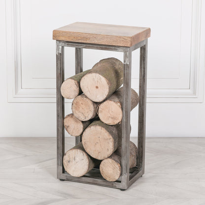 Iron Frame Log Store Side Table with Wooden Top