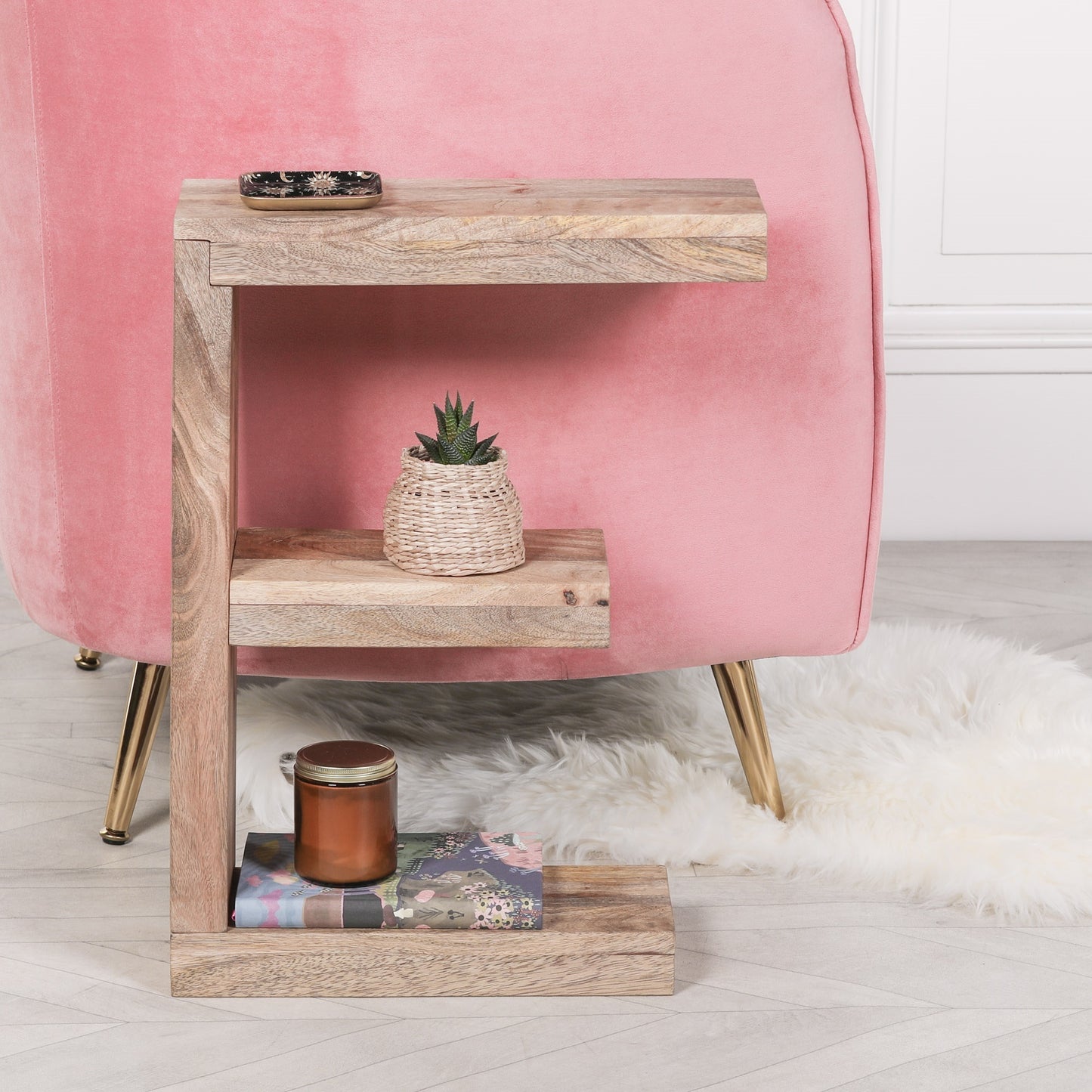 Wooden E Shelf Side Occasional Table