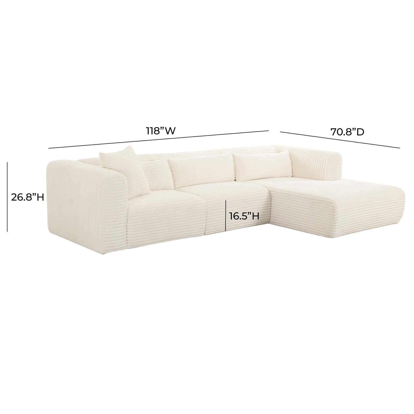 Tarra Fluffy Oversized Cream Corduroy Modular RHF Sectional