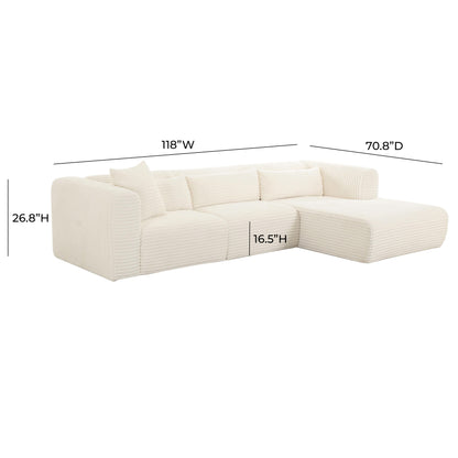 Tarra Fluffy Oversized Cream Corduroy Modular RHF Sectional