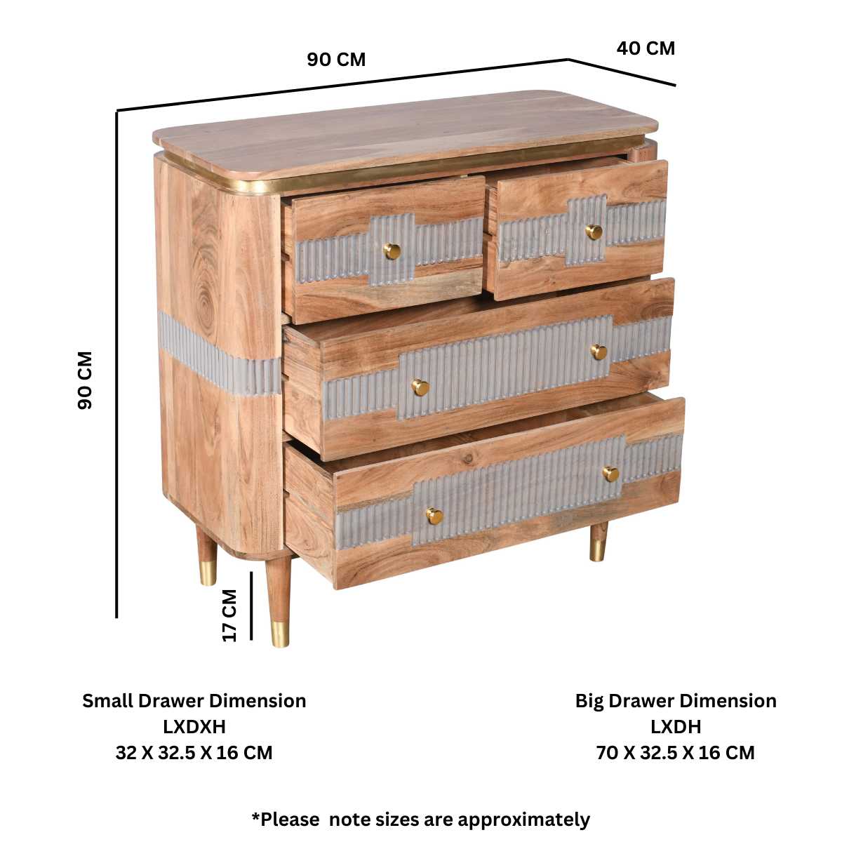 Metz Acacia Wood 4 Drawers Chest