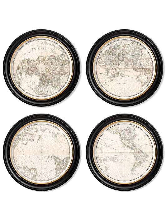 c.1838 World Map Hemispheres in Round Frames