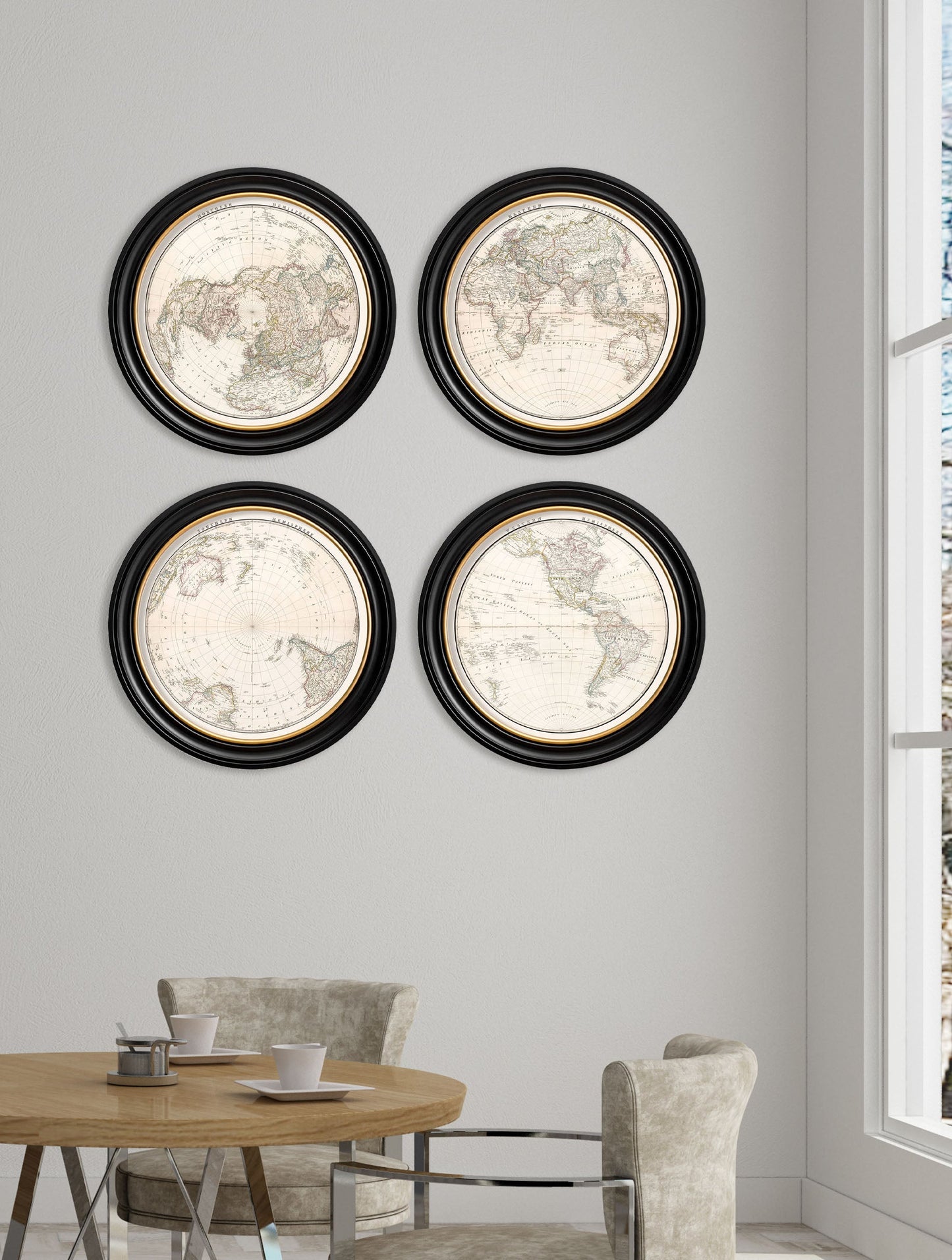 c.1838 World Map Hemispheres in Round Frames