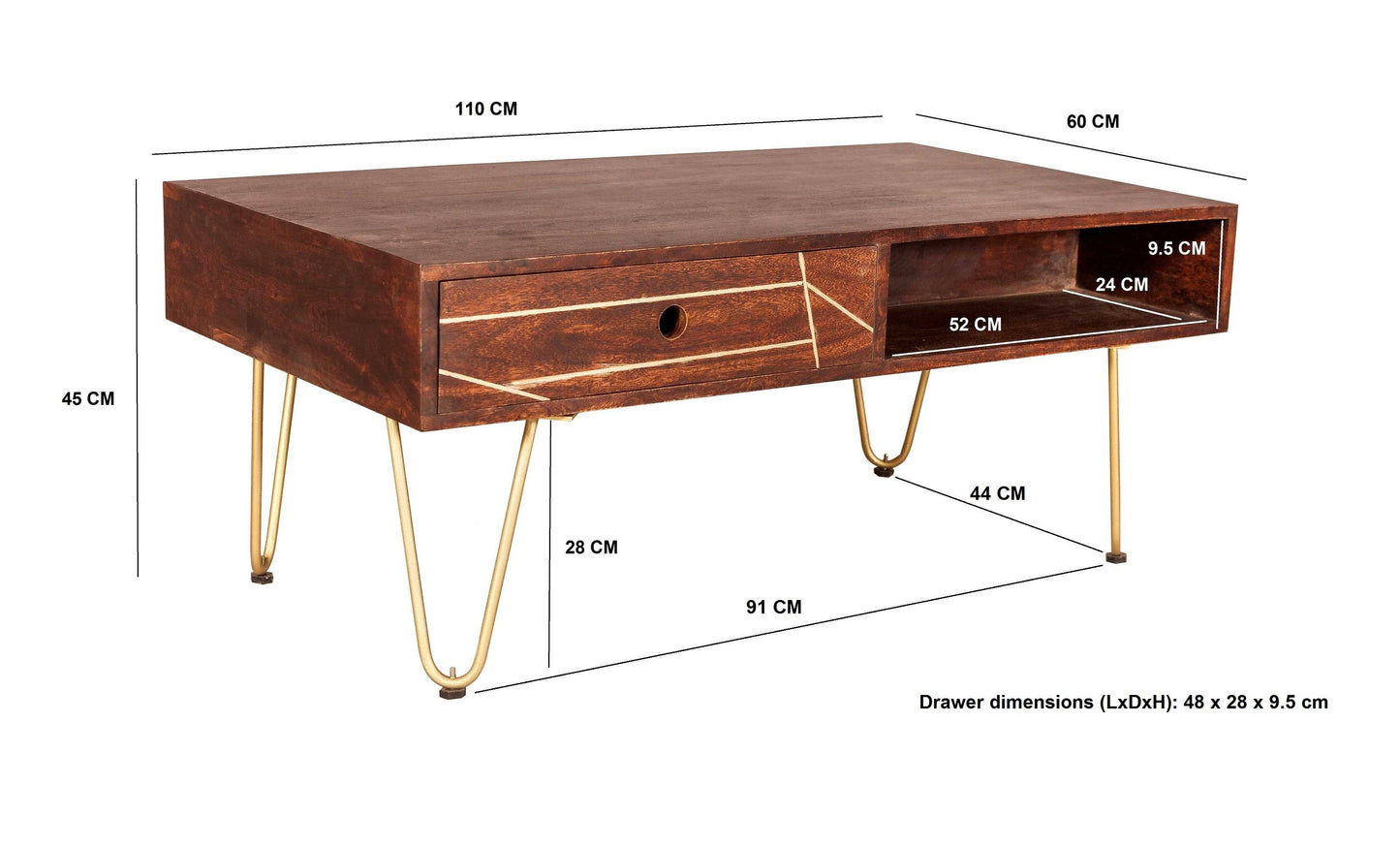 Jai Solid Mango Wood Rectangular Coffee Table with Drawer