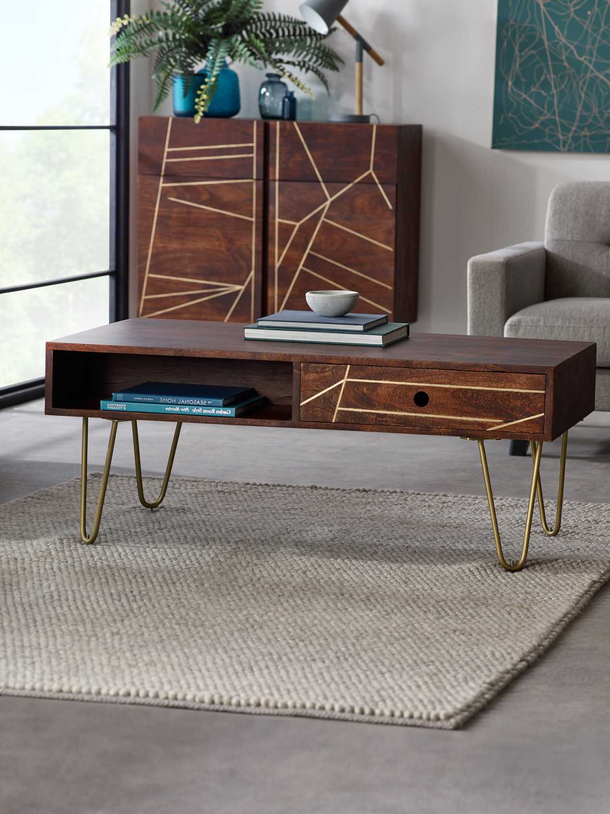 Jai Solid Mango Wood Rectangular Coffee Table with Drawer