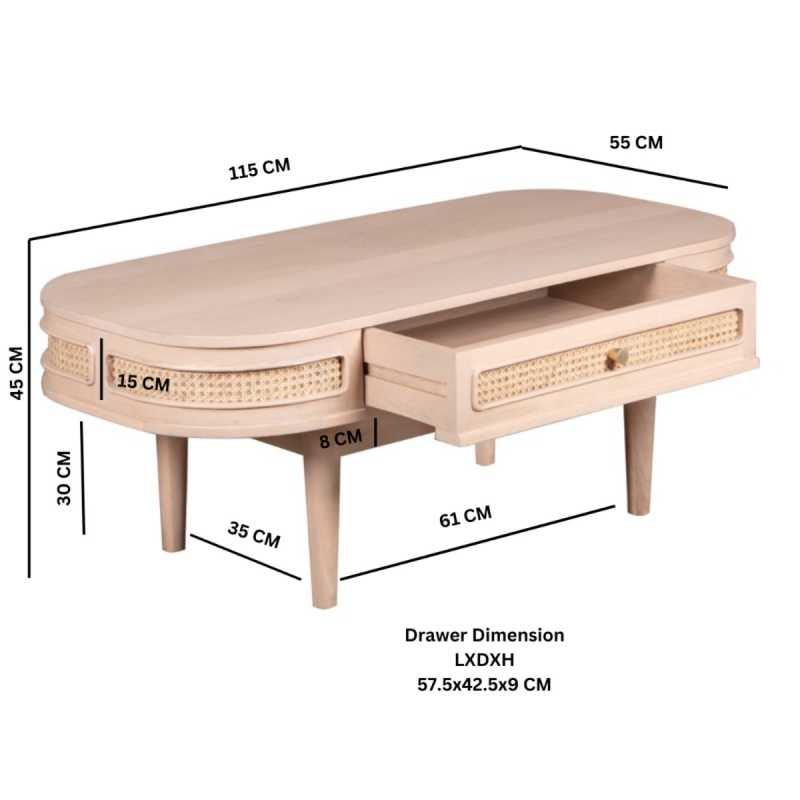 Emiko Cane & Mango Wood 1 Drawer Coffee Table