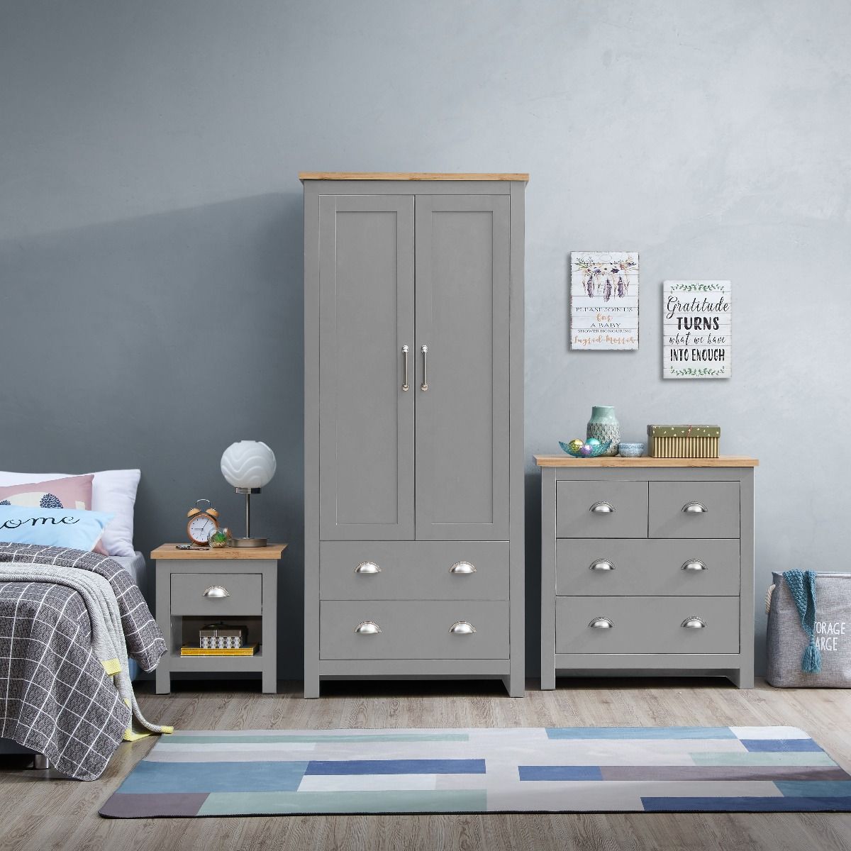 Lisbon 3 Piece Set 2 Door Wardrobe 2+2 Chest 1 Drw Bedside Light Grey