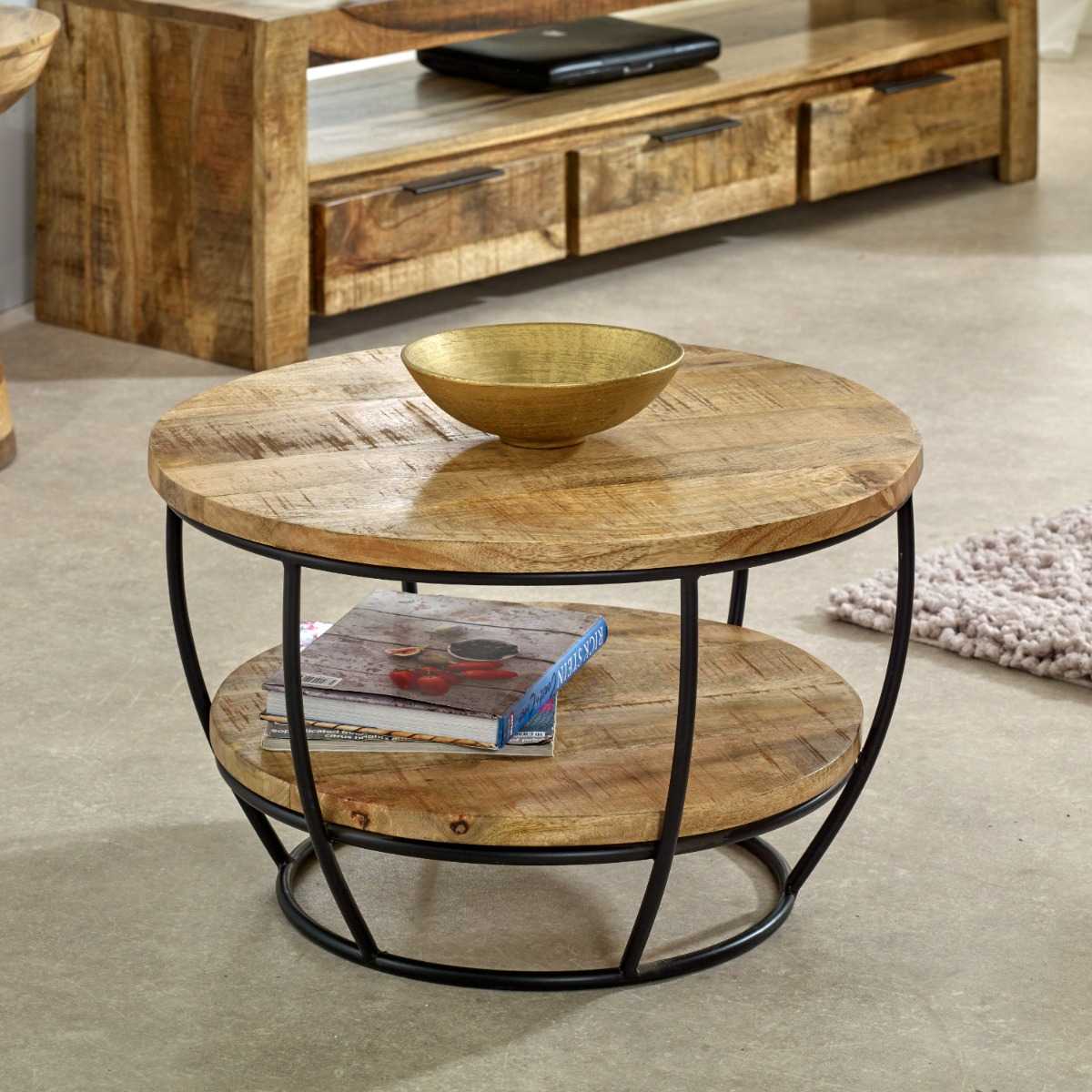 Brushwood Solid Wood & Metal Coffee Table With Shelf