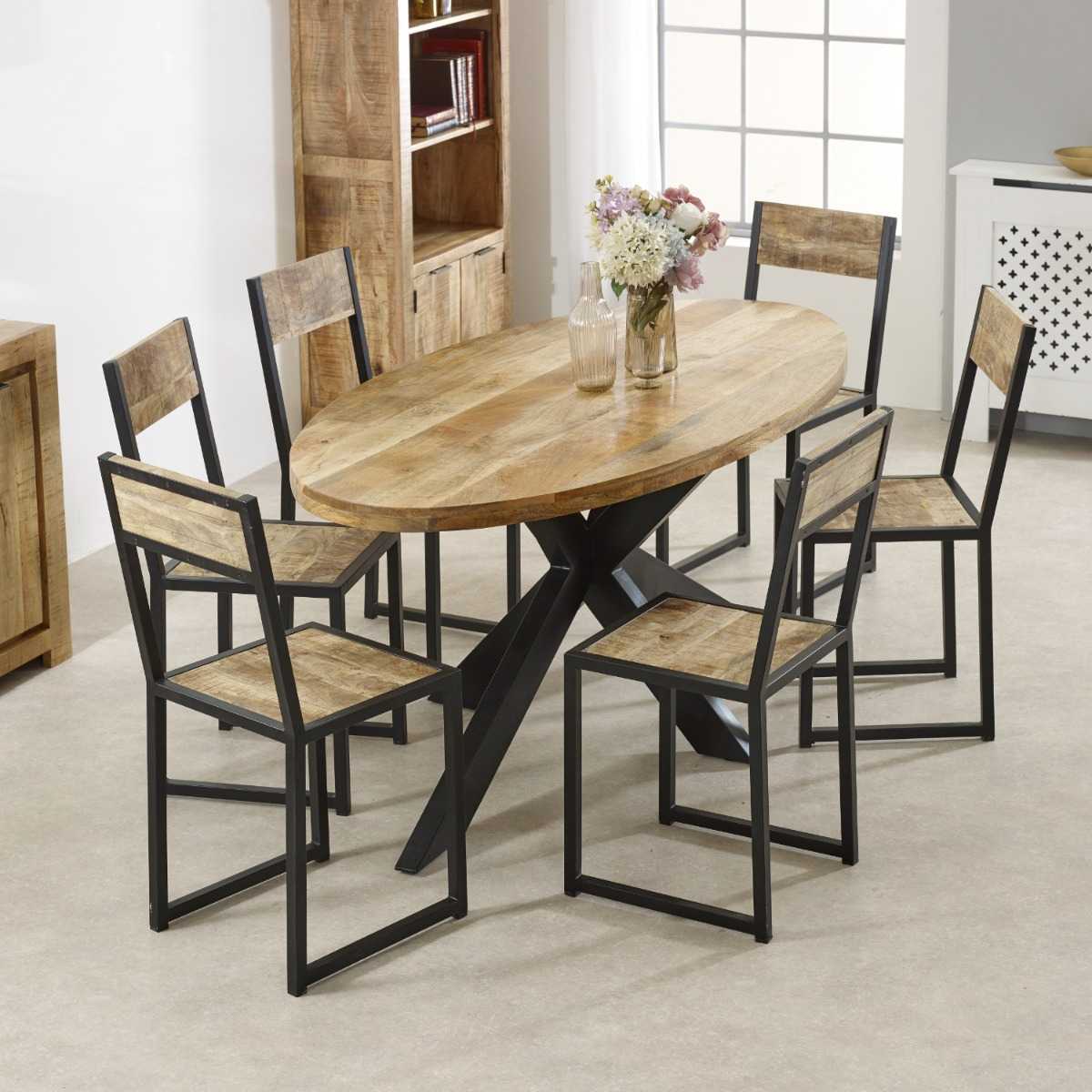 Brushwood Solid Wood & Metal Oval Dining Table 6-8 Seater