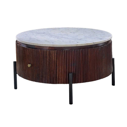 Loriini Mango Wood Round Fluted Coffee Table With Marble Top & Metal Legs