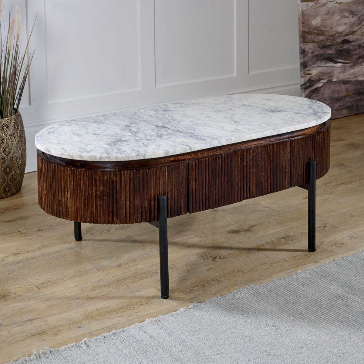 Loriini Mango Wood Rectangular Fluted Coffee Table With Marble Top & Metal Legs