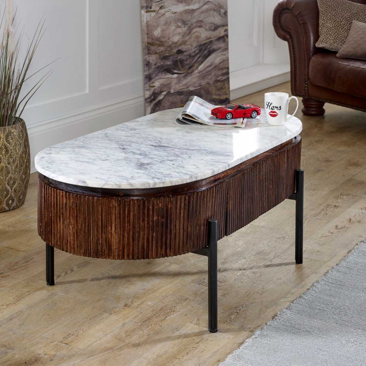 Loriini Mango Wood Rectangular Fluted Coffee Table With Marble Top & Metal Legs