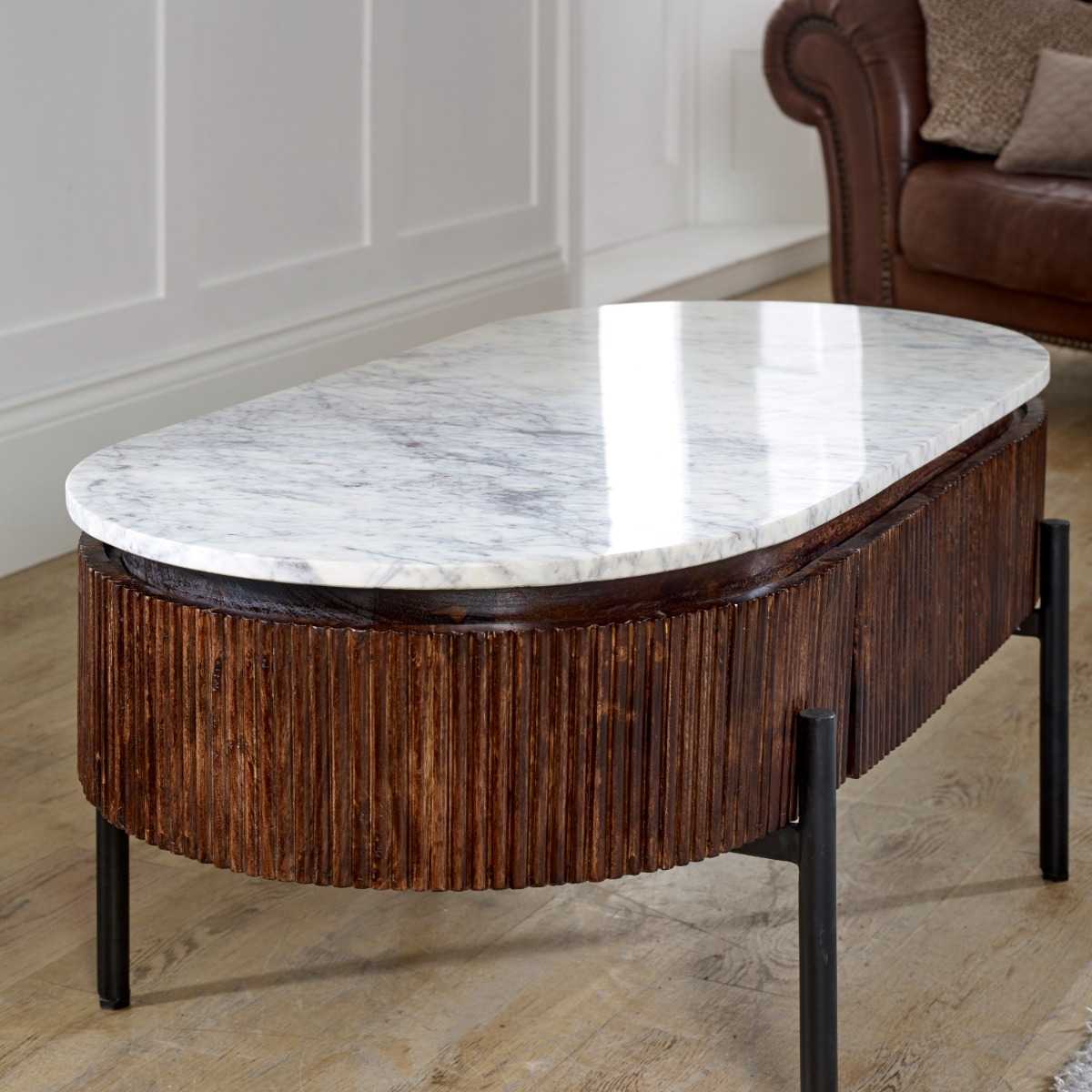 Loriini Mango Wood Rectangular Fluted Coffee Table With Marble Top & Metal Legs