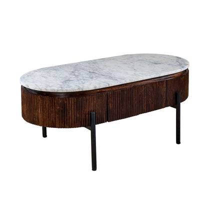 Loriini Mango Wood Rectangular Fluted Coffee Table With Marble Top & Metal Legs