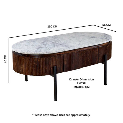 Loriini Mango Wood Rectangular Fluted Coffee Table With Marble Top & Metal Legs