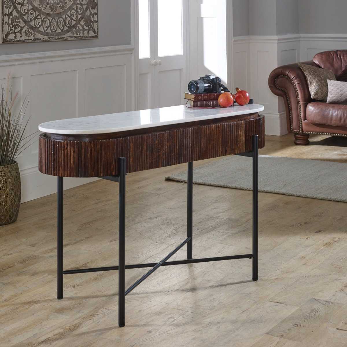 Loriini Mango Wood Console Table With Marble Top And Metal Legs