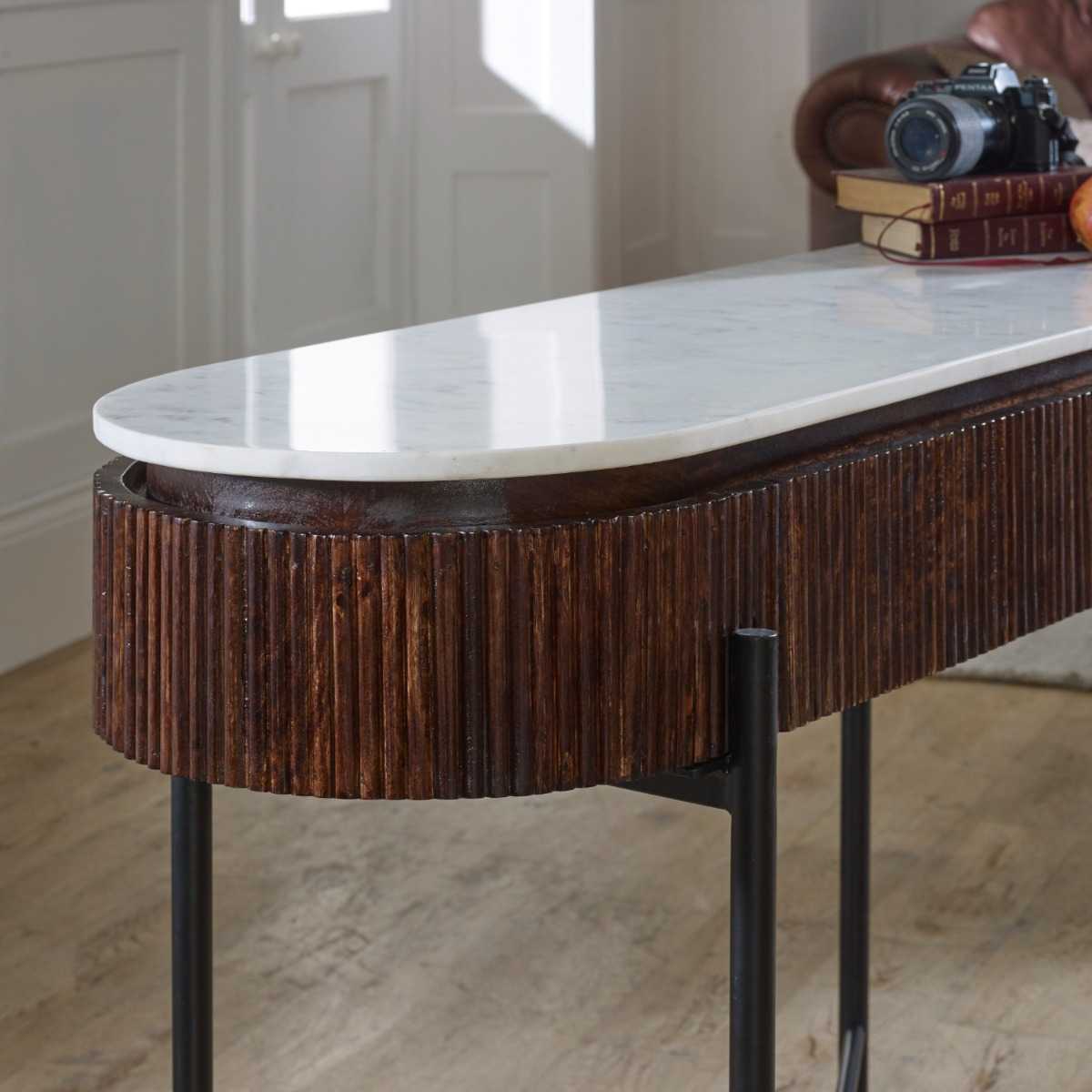 Loriini Mango Wood Console Table With Marble Top And Metal Legs