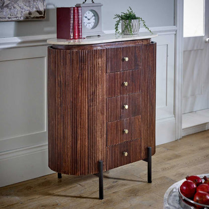 Loriini Mango Wood Wide Chest Of Drawers with Marble Top & Metal Legs