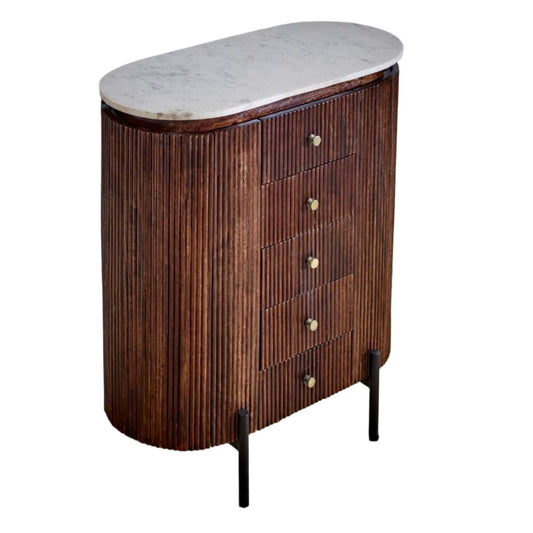 Loriini Mango Wood Wide Chest Of Drawers with Marble Top & Metal Legs