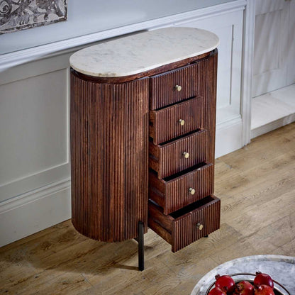 Loriini Mango Wood Wide Chest Of Drawers with Marble Top & Metal Legs