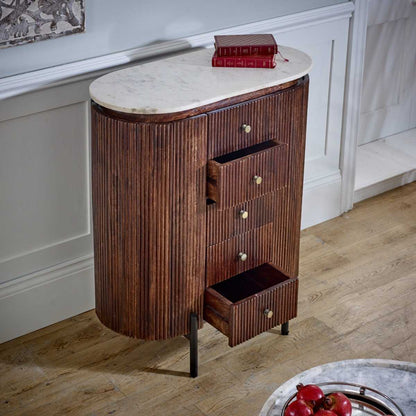 Loriini Mango Wood Wide Chest Of Drawers with Marble Top & Metal Legs