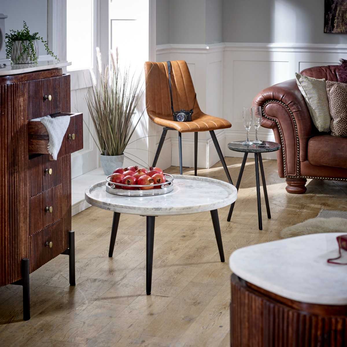 Loriini Mango Wood Wide Chest Of Drawers with Marble Top & Metal Legs