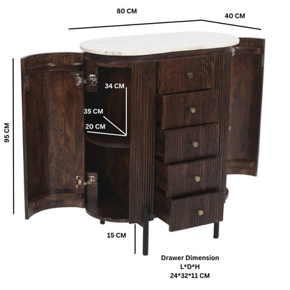 Loriini Mango Wood Wide Chest Of Drawers with Marble Top & Metal Legs