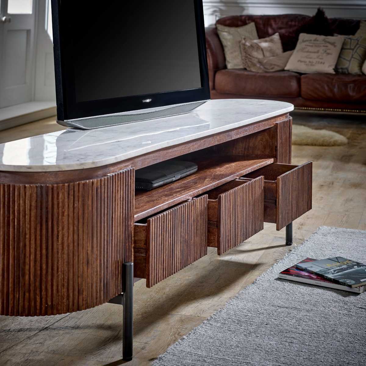 Loriini Mango Wood Large Tv Stand With Marble Top & Metal Legs