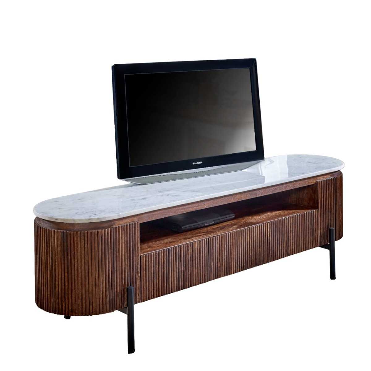 Loriini Mango Wood Large Tv Stand With Marble Top & Metal Legs