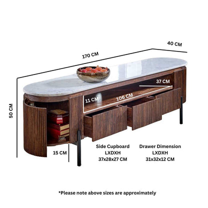 Loriini Mango Wood Large Tv Stand With Marble Top & Metal Legs