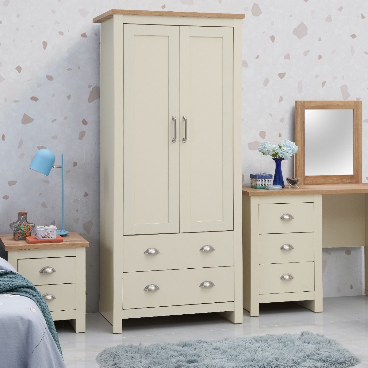 Lisbon 3 Piece Set 2 Door Wardrobe, 2+2 Chest 1 Drw Bedside