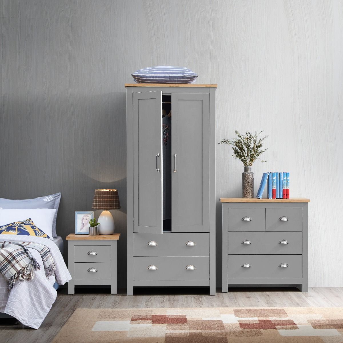 Lisbon 3 Piece Set 2 Door Wardrobe 2+2 Chest 2 Drw Bedside