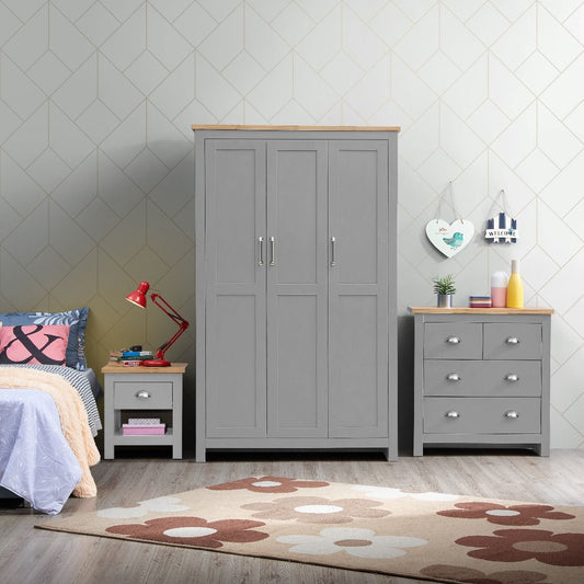 Lisbon 3 Piece Set 3 Door Wardrobe 2+2 Chest 1 Drw Bedside Light Grey